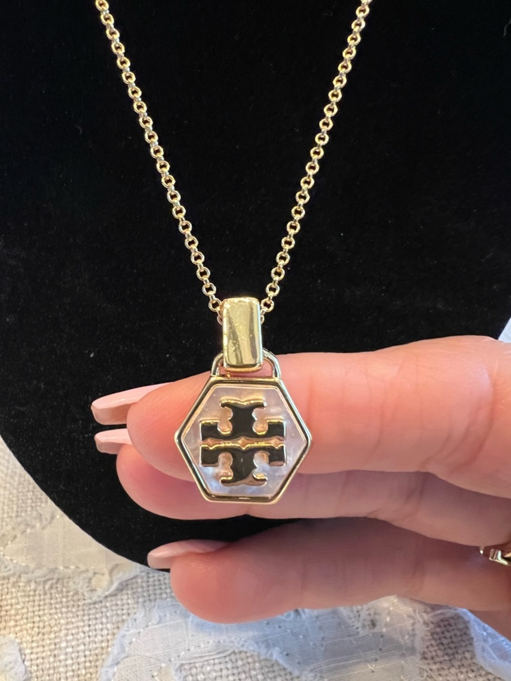 Tory Burch Gold Hexagonal Logo Pendant on Chain